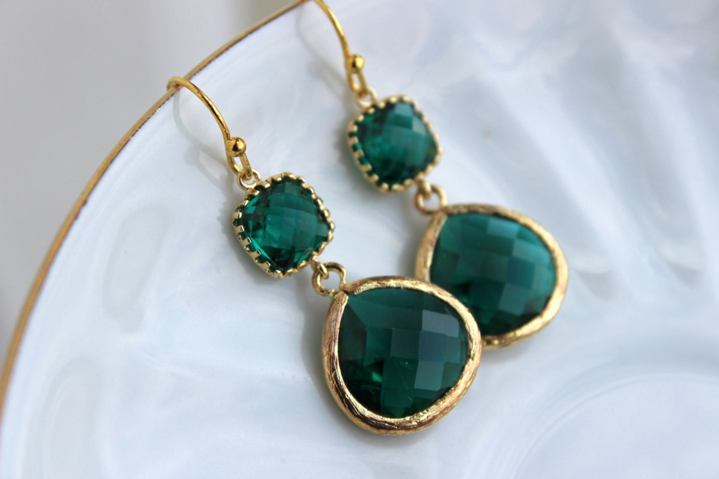 Gold Large Emerald Green Earrings Jade Jewelry - Two Tiered Earrings Emerald Bridesmaid Jewelry Hunter Green Wedding Jewelry Christmas Gift