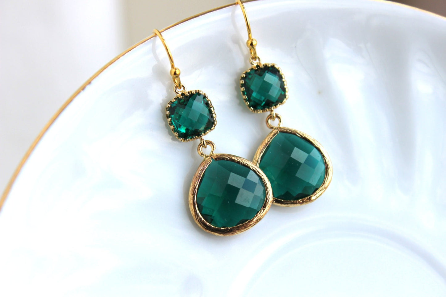 Gold Large Emerald Green Earrings Jade Jewelry - Two Tiered Earrings Emerald Bridesmaid Jewelry Hunter Green Wedding Jewelry Christmas Gift