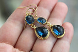 Gold Sapphire Earrings Navy Blue Jewelry Teardrop Glass Two Tier - Sapphire Bridesmaid Earrings Navy Blue Wedding Jewelry - Something Blue