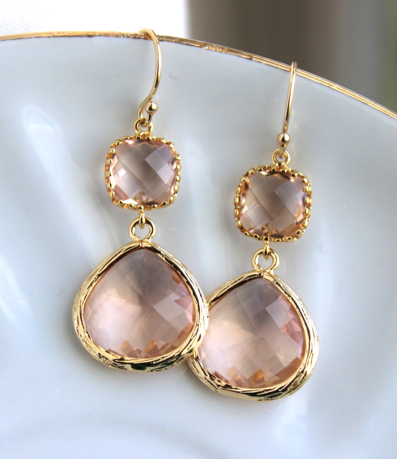 Gold Large Champagne Blush Earrings Peach Pink Jewelry - Two Tiered Earrings Blush Bridesmaid Jewelry - Peach Pink Wedding Jewelry