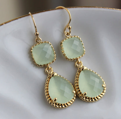 Gold Soft Mint Earrings Sea Foam Green Jewelry Teardrop Glass Two Tier - Soft Mint Bridesmaid Earrings - Gold Seafoam Green Wedding Jewelry