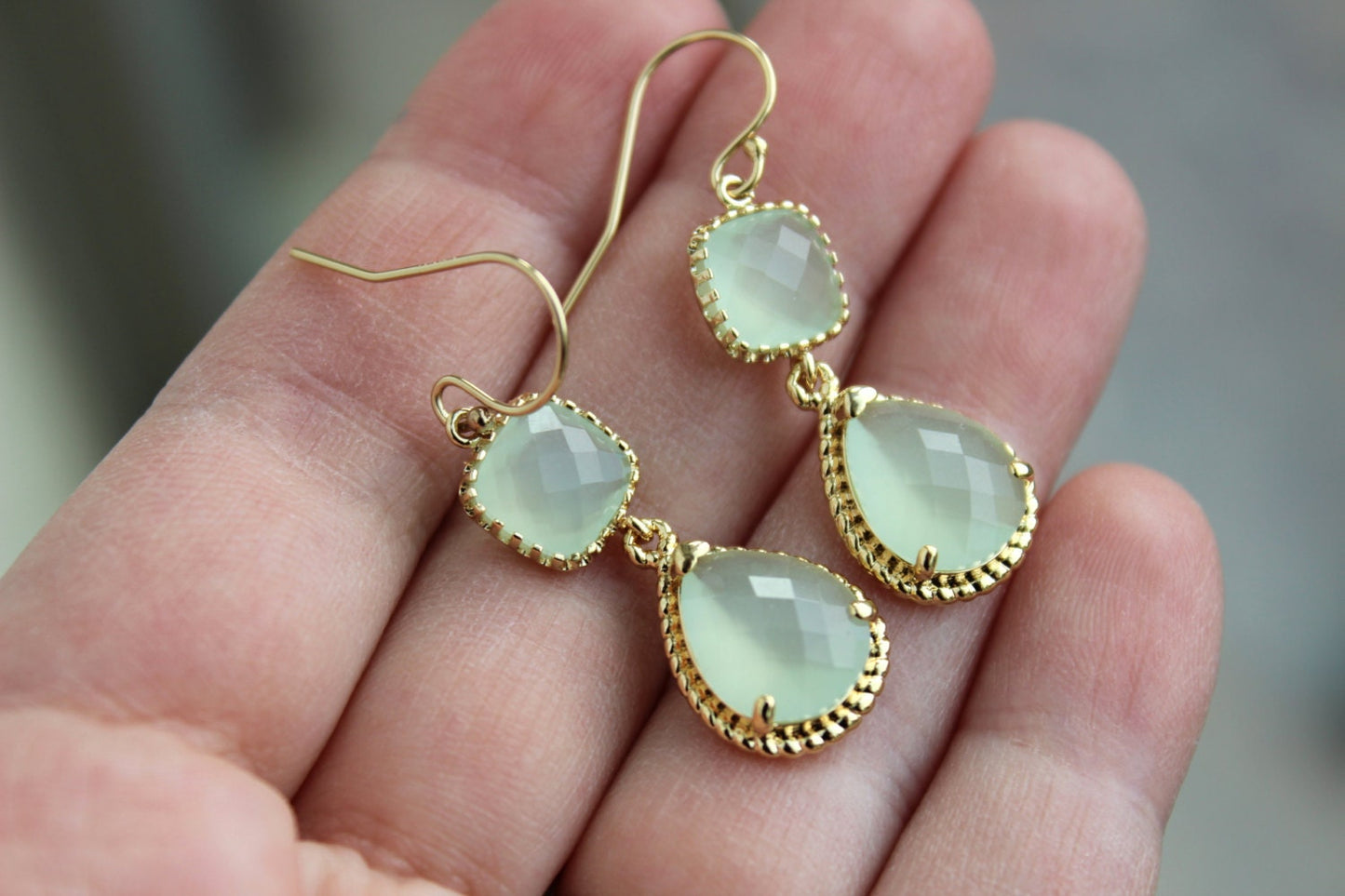 Gold Soft Mint Earrings Sea Foam Green Jewelry Teardrop Glass Two Tier - Soft Mint Bridesmaid Earrings - Gold Seafoam Green Wedding Jewelry