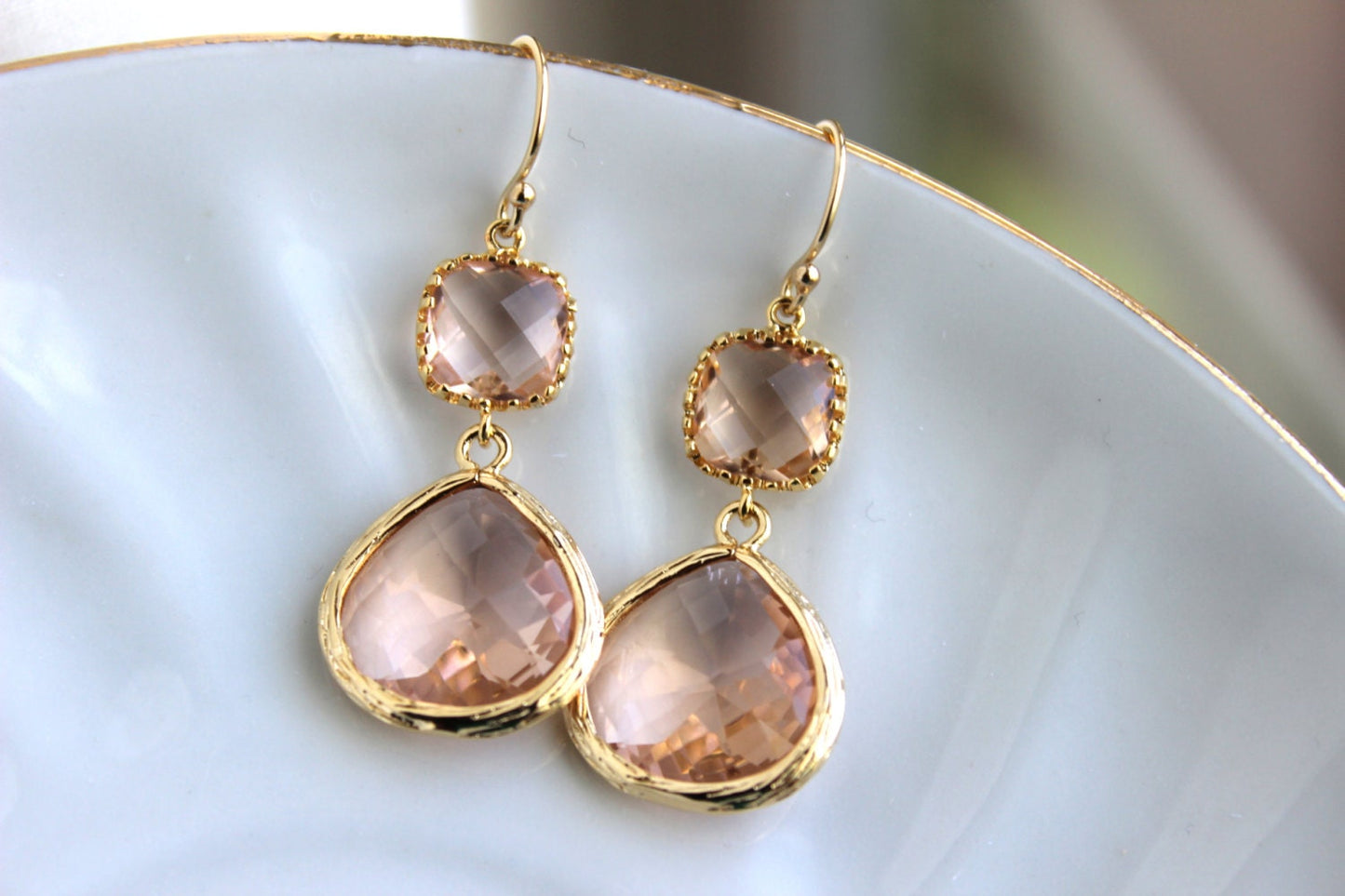 Gold Large Champagne Blush Earrings Peach Pink Jewelry - Two Tiered Earrings Blush Bridesmaid Jewelry - Peach Pink Wedding Jewelry