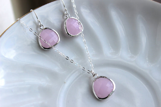 Opal Pink Jewelry Set Silver Bridesmaid Jewelry - Wedding Jewelry - Necklace Earring Set - Valentines Day Gift - Gift under 50