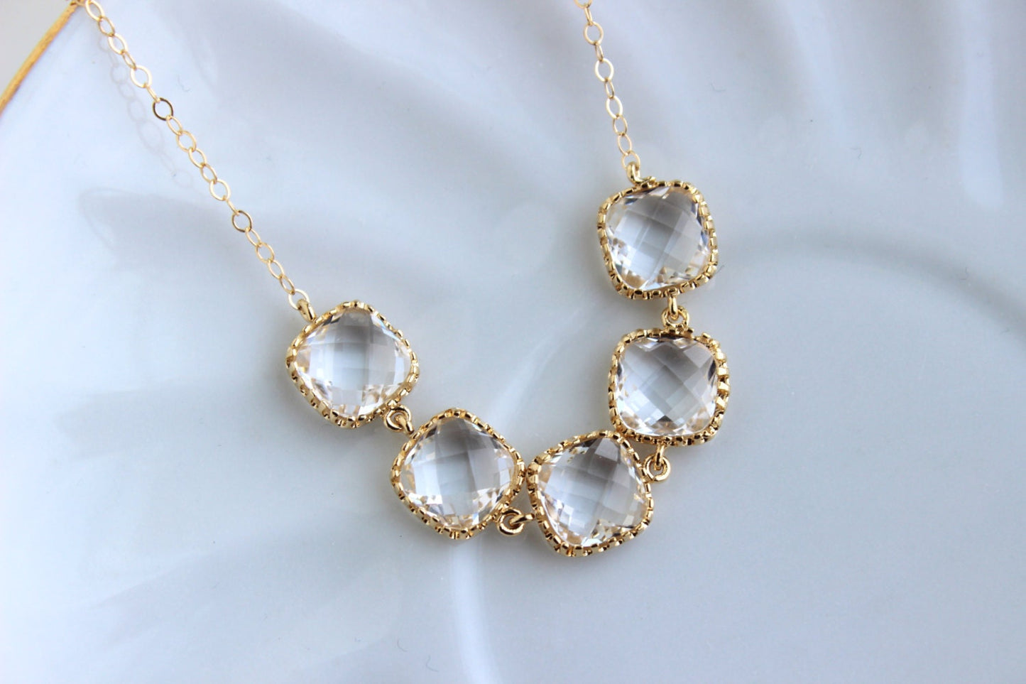 Gold Crystal Necklace Clear Jewelry Square Statement Necklace - Bridesmaid Gift - Crystal Bridal Jewelry Wedding Jewelry Bridesmaid Jewelry