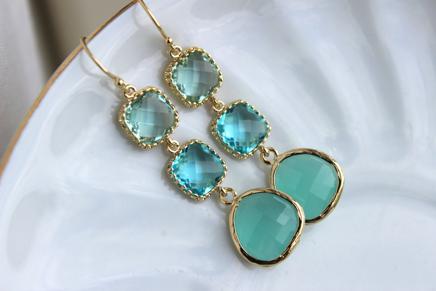 Mint Blue Aquamarine Earrings Gold Prasiolite Green Three Tiered Jewelry - Bridesmaid Earrings - Wedding Earrings Blue Green Wedding Jewelry