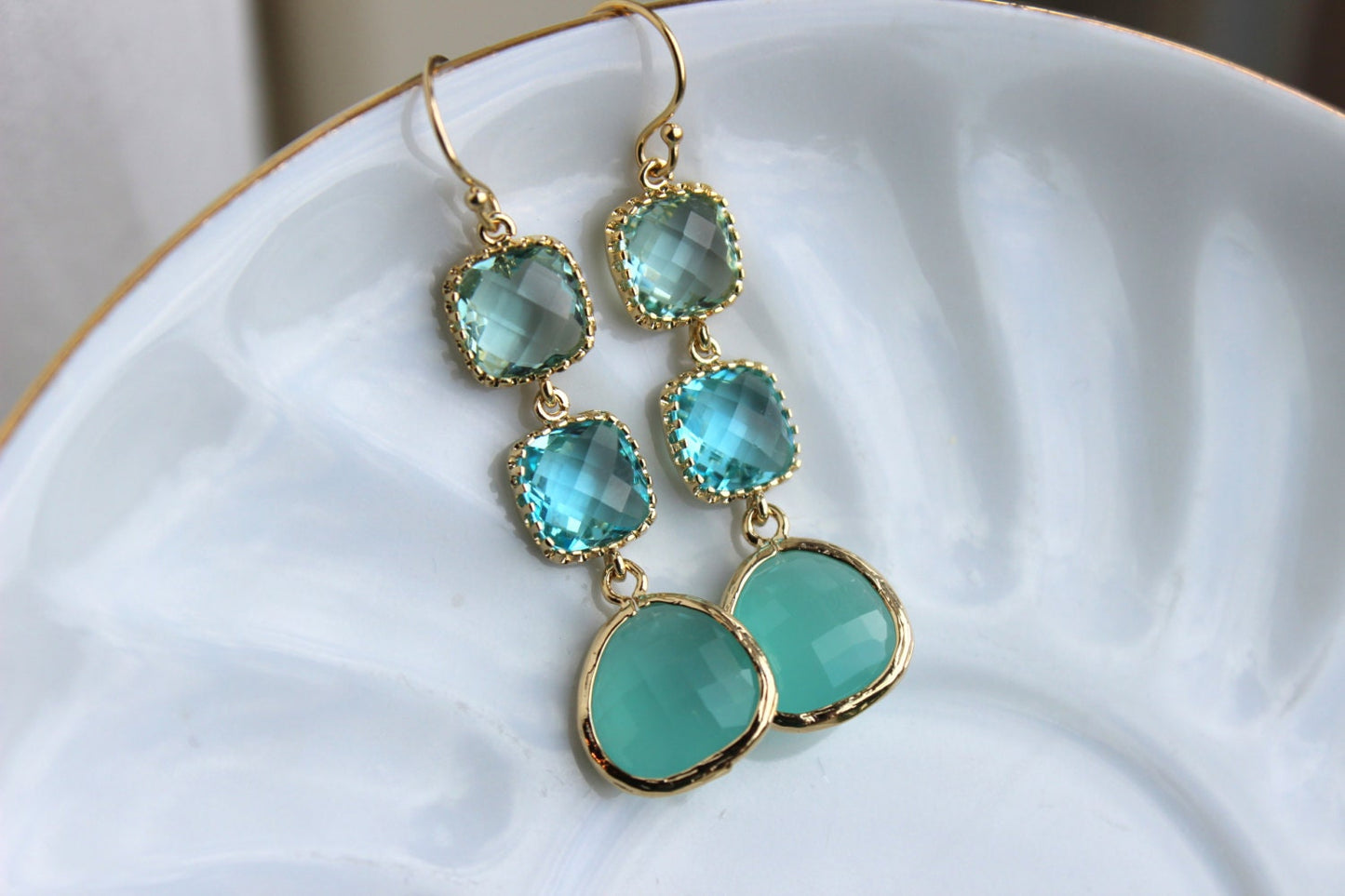Mint Blue Aquamarine Earrings Gold Prasiolite Green Three Tiered Jewelry - Bridesmaid Earrings - Wedding Earrings Blue Green Wedding Jewelry