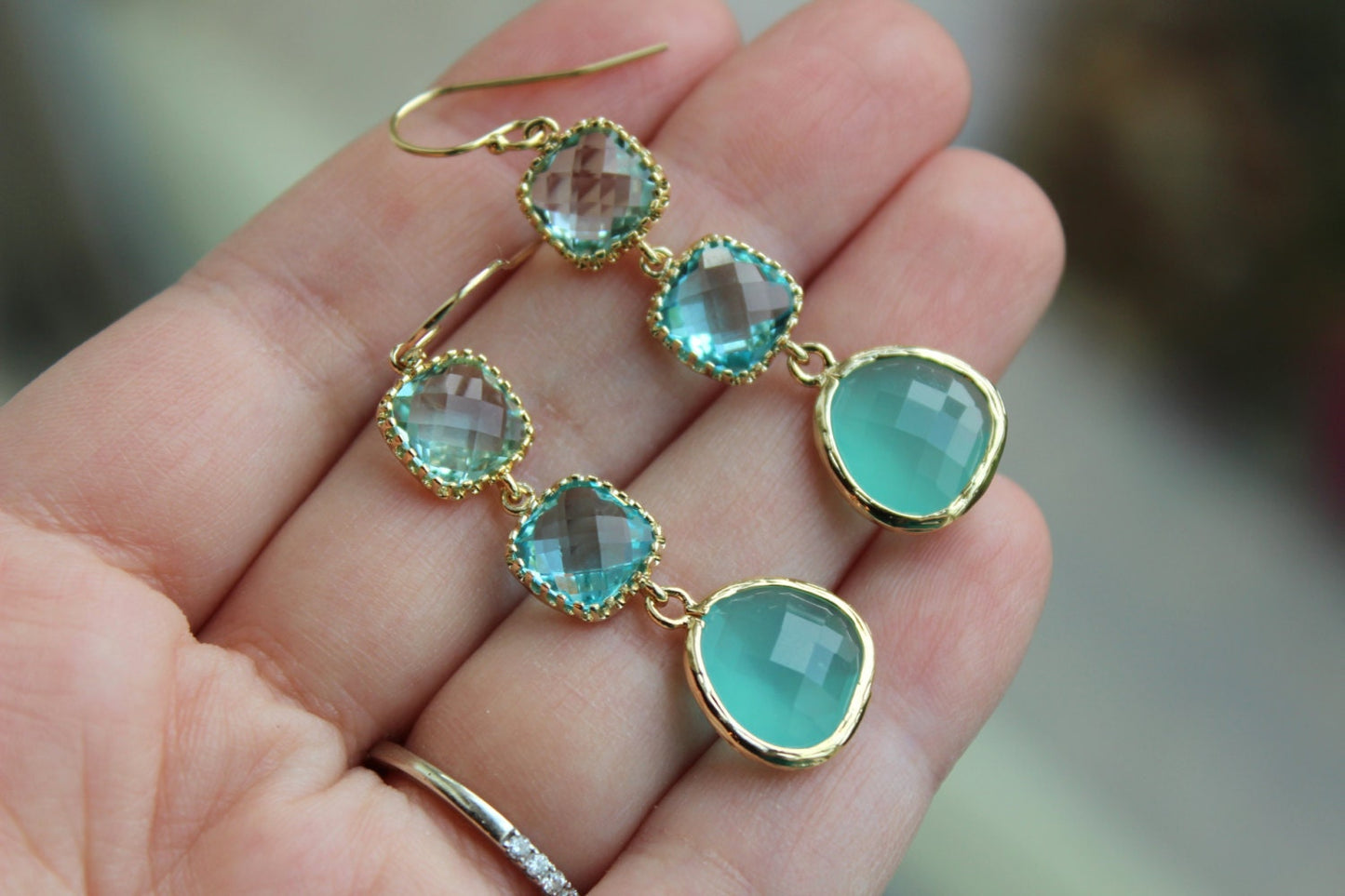 Mint Blue Aquamarine Earrings Gold Prasiolite Green Three Tiered Jewelry - Bridesmaid Earrings - Wedding Earrings Blue Green Wedding Jewelry