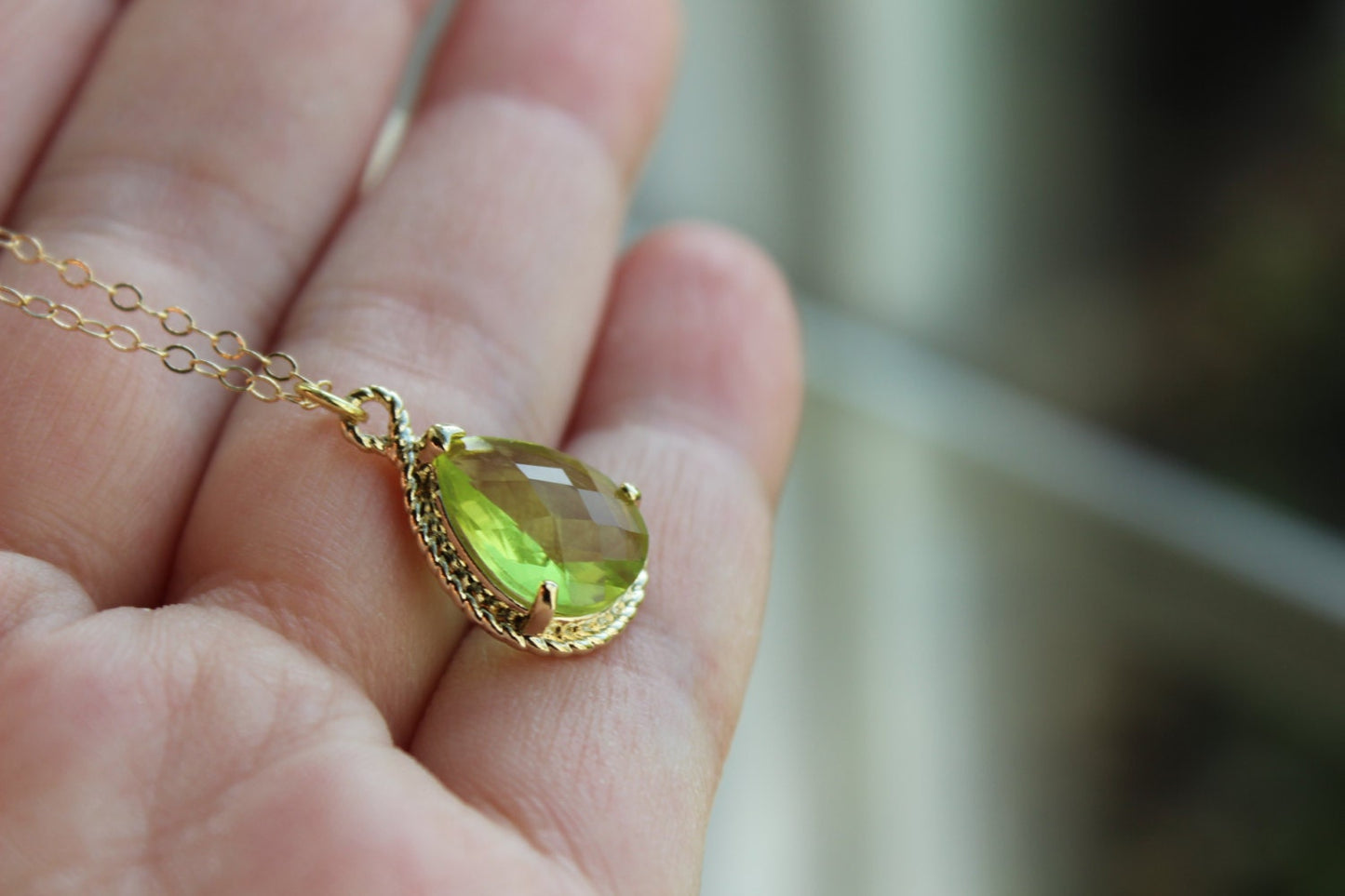 Gold Peridot Necklace Apple Green Teardrop Jewelry - Bridesmaid Necklace - Peridot Bridesmaid Jewelry Peridot Apple Green Wedding Jewelry