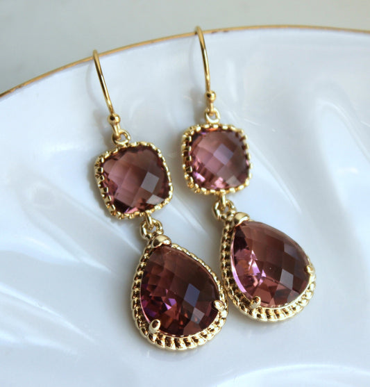 Gold Eggplant Earrings Gold Purple Earrings Two Tier Plum Bridesmaid Earrings Wedding Earrings Wedding Jewelry Plum Bridesmaid Jewelry