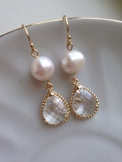 Pearl Jewelry Set, Crystal Jewelry Set, Bridesmaid Jewelry Set Freshwater Pearl Earrings Pearl Necklace Gold Crystal Jewelry Wedding Jewelry