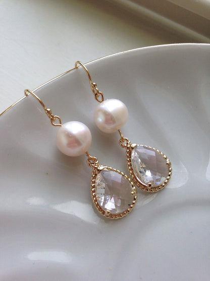 Pearl Jewelry Set, Crystal Jewelry Set, Bridesmaid Jewelry Set Freshwater Pearl Earrings Pearl Necklace Gold Crystal Jewelry Wedding Jewelry