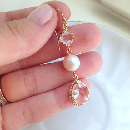 Gold Freshwater Pearl Crystal Earrings - Freshwater Pearl Jewelry - Crystal Bracelet Gold Clear Jewelry - Bridal Jewelry - Wedding Jewelry