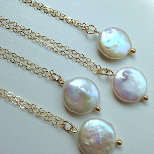 White Freshwater Coin Pearl Necklace Gold Pearl Jewelry - 14k Gold Filled Chain - 12mm Pearl - Pearl Wedding Jewelry - Bridesmaid Jewelry