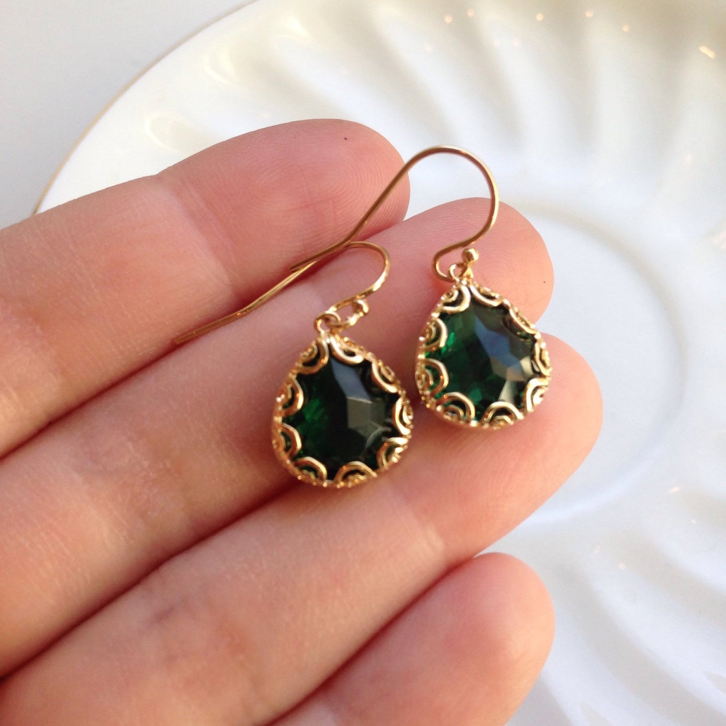 Gold Emerald Green Earrings - Pear Shape with Gold Design - Bridesmaid Earrings - Wedding Earrings - Valentines Day Gift