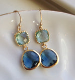 Sapphire Navy Earrings Prasiolite Glass Gold Plated - Bridesmaid Earrings - Valentines Day Gift - Wedding Earrings