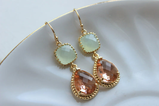 Blush Champagne Earrings Soft Mint Green Gold Earrings - Peach Pink Bridesmaid Earrings Wedding Earrings -Wedding Jewelry Bridesmaid Jewelry