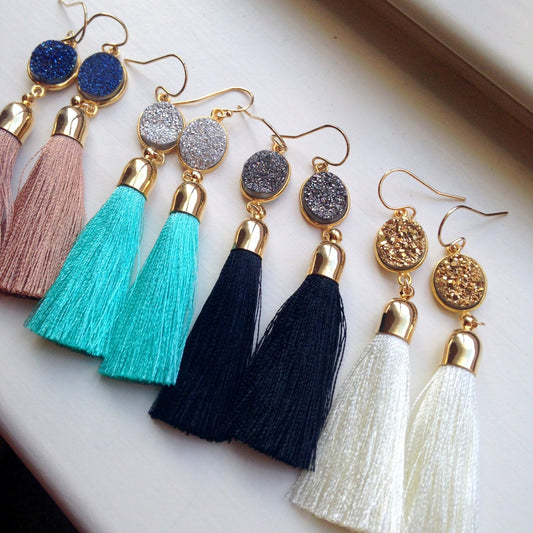 Jewelry Gift, Gold Tassel Earrings, Druzy Jewelry, Gold Druzy Earrings, Statement Earrings, Fringe Earrings Wanderlust Jewelry 30th birthday
