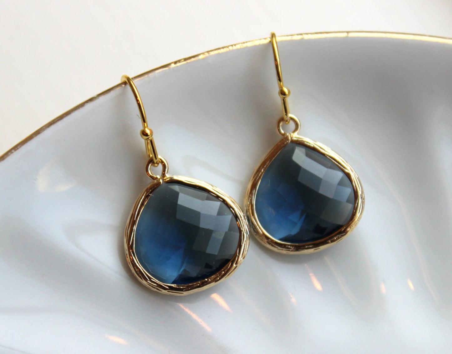 Large Sapphire Navy Blue Earrings Gold Pendant - Blue Wedding Earrings - Navy Bridal Earrings - Sapphire Bridesmaid Jewelry Wedding