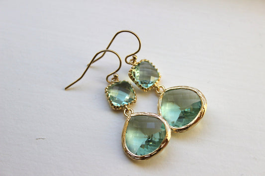 Gold Large Prasiolite Green Earrings Light Green Jewelry - Two Tiered Earrings Prasiolite Bridesmaid Jewelry Light Green Wedding Jewelry