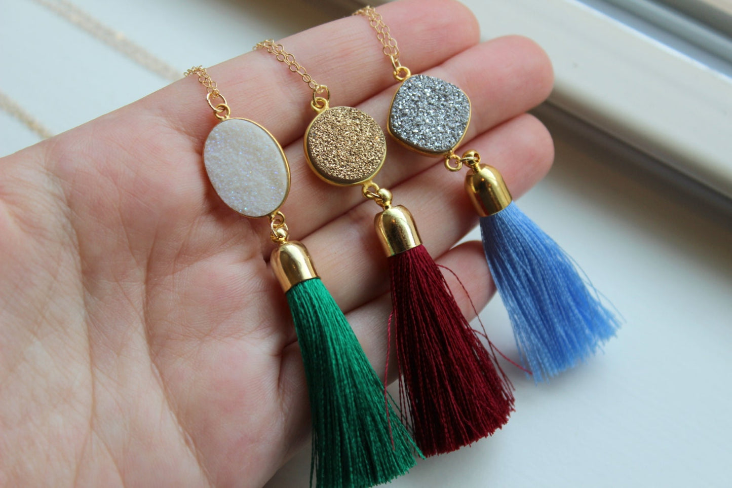 Gold Tassel Necklace Drusy Jewelry Drusy Necklace Fringe Tassel Druzy Necklace Wine Maroon Green Tassel Layering Statement Necklace Jewelry