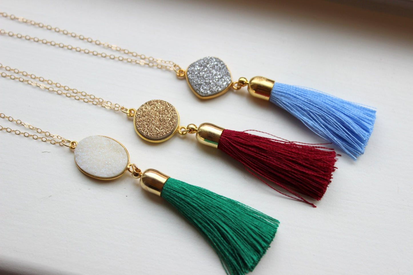 Gold Tassel Necklace Drusy Jewelry Drusy Necklace Fringe Tassel Druzy Necklace Wine Maroon Green Tassel Layering Statement Necklace Jewelry