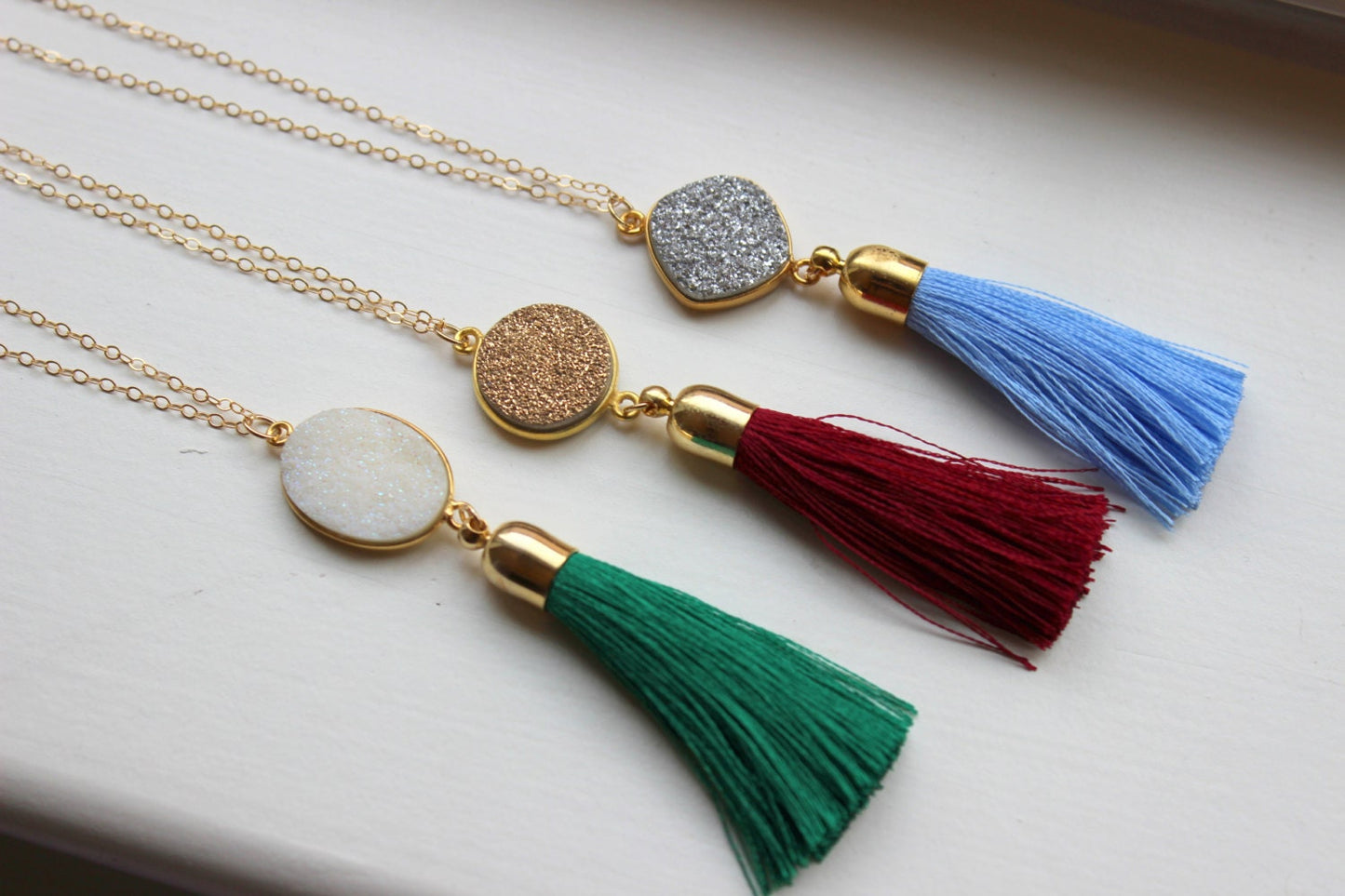 Gold Tassel Necklace Drusy Jewelry Drusy Necklace Fringe Tassel Druzy Necklace Wine Maroon Green Tassel Layering Statement Necklace Jewelry