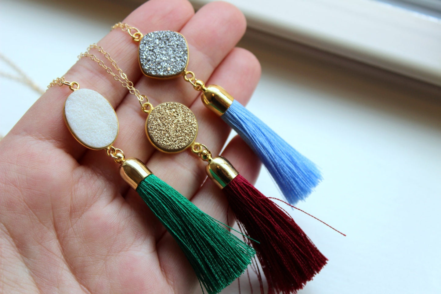 Gold Tassel Necklace Drusy Jewelry Drusy Necklace Fringe Tassel Druzy Necklace Wine Maroon Green Tassel Layering Statement Necklace Jewelry