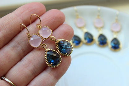 Sapphire Blue Pink Opal Earrings Gold Blush Pink Navy Earrings Teardrop Glass 14k Gold Filled Earwires - Bridesmaid Earrings Wedding Jewelry