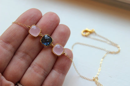 Sapphire Blue Pink Opal Necklace Gold Filled Chain - Navy Blue Blush Jewelry - Wedding Jewelry - Bridesmaid Jewelry - Bridesmaid Necklace