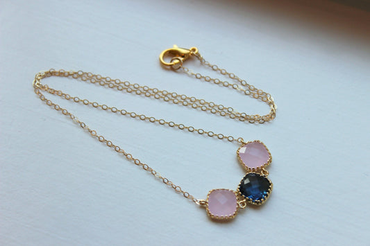 Sapphire Blue Pink Opal Necklace Gold Filled Chain - Navy Blue Blush Jewelry - Wedding Jewelry - Bridesmaid Jewelry - Bridesmaid Necklace