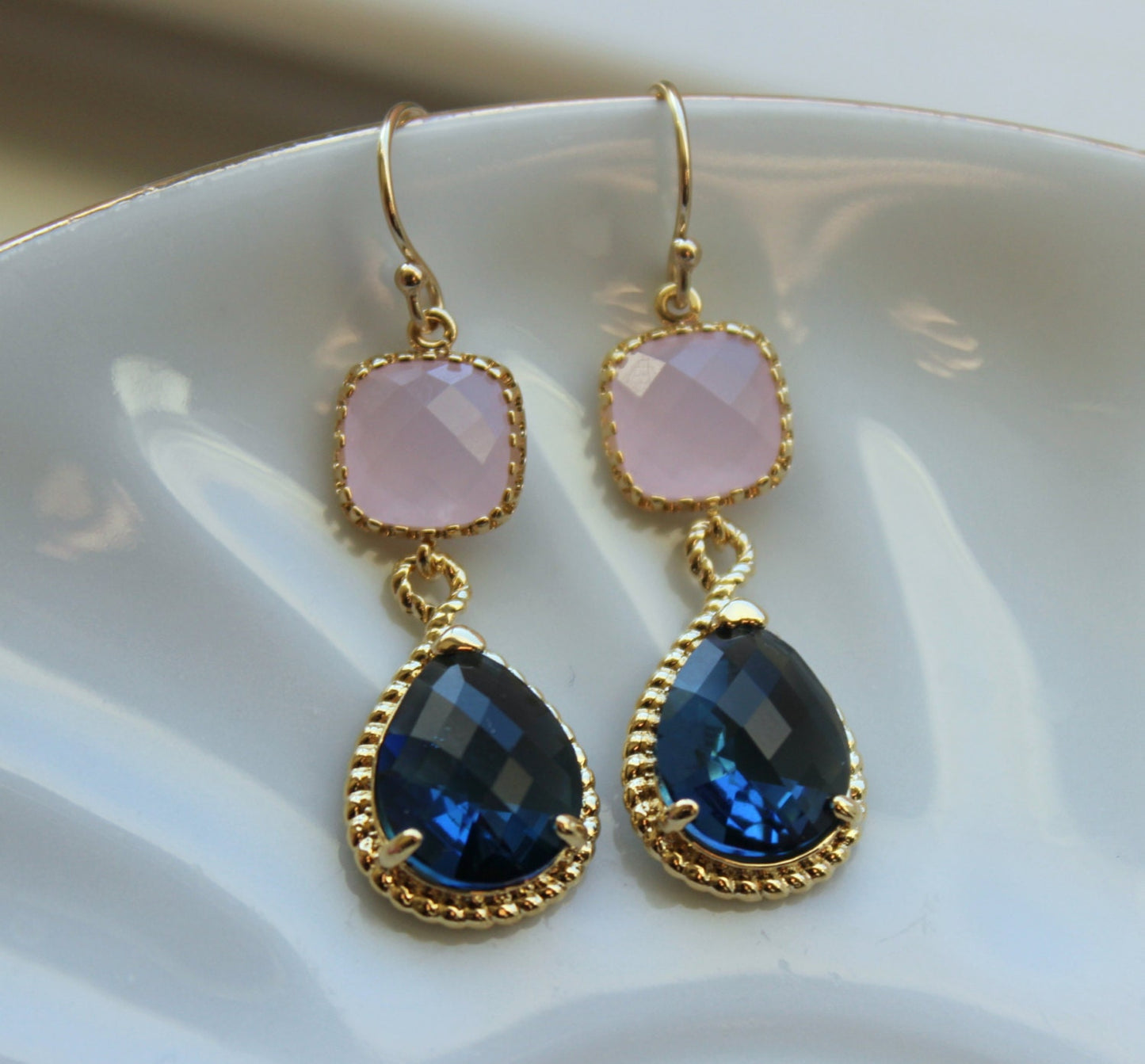 Sapphire Blue Pink Opal Earrings Gold Blush Pink Navy Earrings Teardrop Glass 14k Gold Filled Earwires - Bridesmaid Earrings Wedding Jewelry