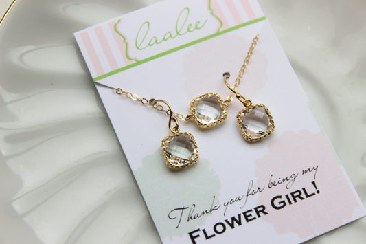 Clear Crystal Necklace and Earring Set Crystal Jewelry Set - Personalized Card - Flower Girl Jewelry Set Bridesmaid Jewelry Set Wedding Set