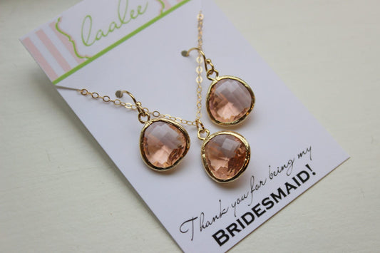 Champagne Blush Jewelry Set Peach Pink Gold Necklace and Earring Set - Personalized Card Thank you for being my bridesmaid - Blush Jewelry