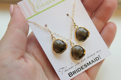 Brown Jewelry Set Topaz Gold Necklace and Earring Set - Personalized Card Thank you for being my bridesmaid - Brown Topaz Jewelry