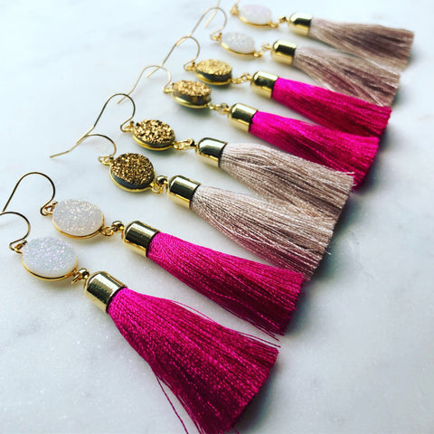 Hot Pink Druzy Earrings, Light Beige Druzy Earrings