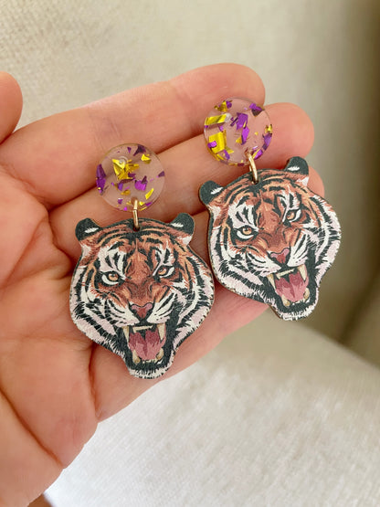 Tiger Earrings, Purple and Gold Earrings, Gameday Jewelry