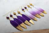 Purple and Gold Jewelry, Druzy Feather Earrings