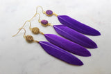 Purple Feather Earrings, Gold Druzy Earrings, Gameday Earrings