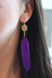 Purple Feather Earrings, Gold Druzy Earrings, Gameday Earrings