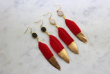 Red Feather Earrings, Gold Dipped Earrings, Gold and Red Earrings